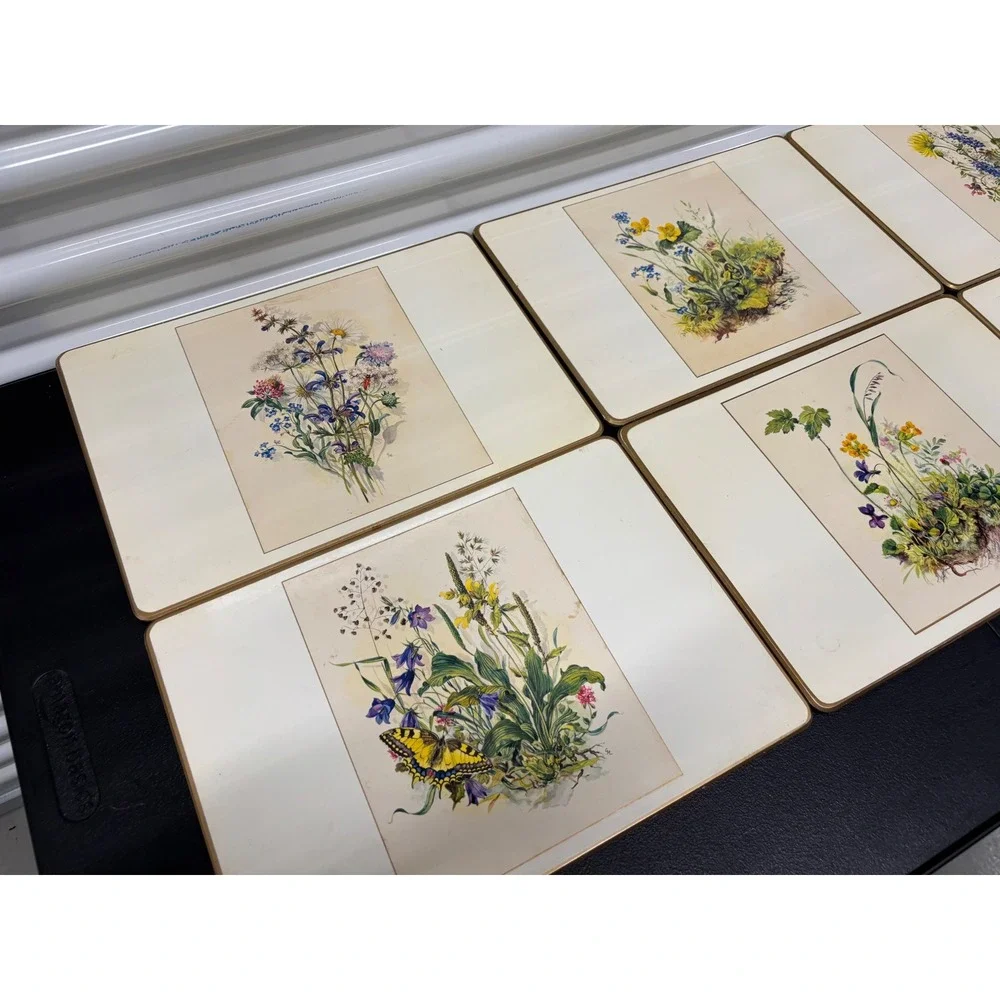 Vintage Made in England Botanical Wildflower Cork Back Placemats Set of 6